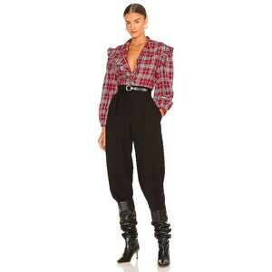 NEW Something Navy Women's XS‎ Red and White Plaid Flannel Ruffle Shirt